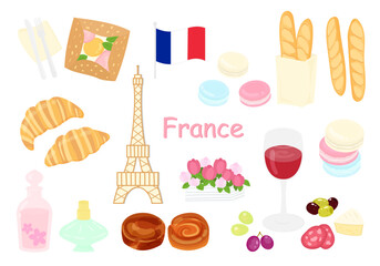 エッフェル塔やマカロン、ワインなどフランスをイメージした可愛いイラスト素材セット