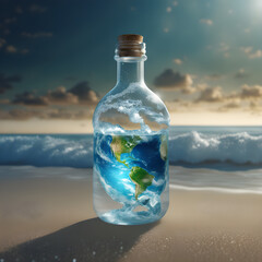 The world and the climate crisis in a glass bottle by the sea on the beach.