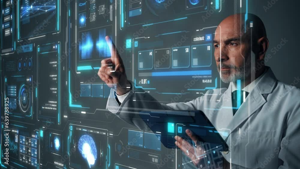 Aufkleber Middle aged scientist touching futuristic holographic graphical user interface. Science technology.