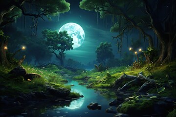 Obraz na płótnie Canvas Mysterious night forest landscape. Ai art
