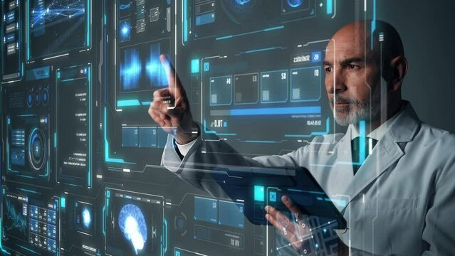 Middle aged scientist touching futuristic holographic graphical user interface. Science technology.