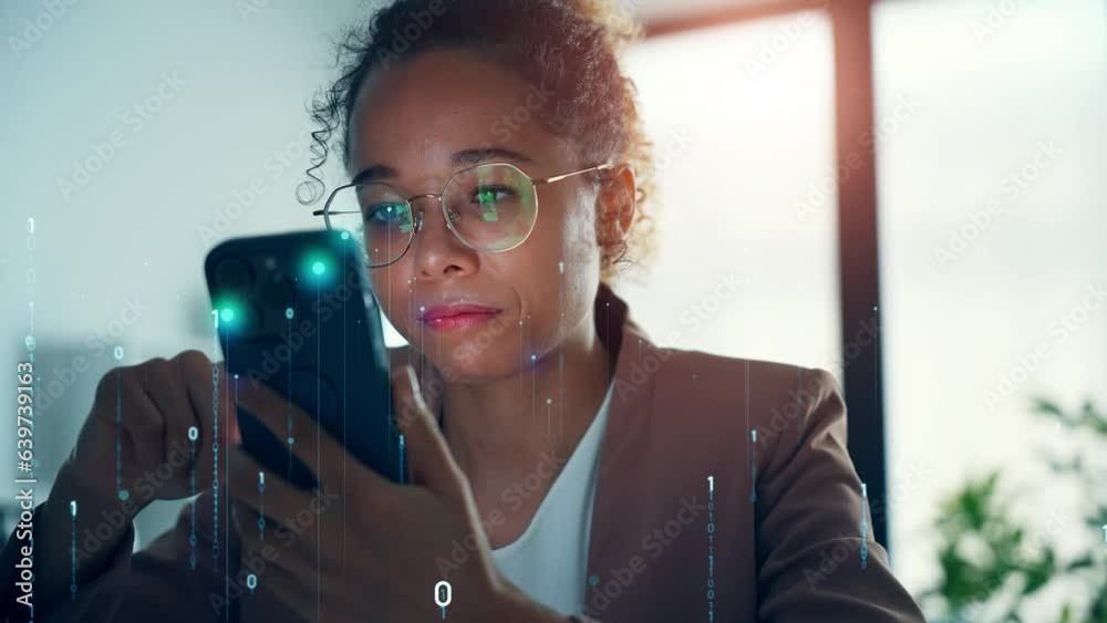 Aufkleber Young Black woman using a smart phone and communication network concept. Internet of Things. Digital transformation.