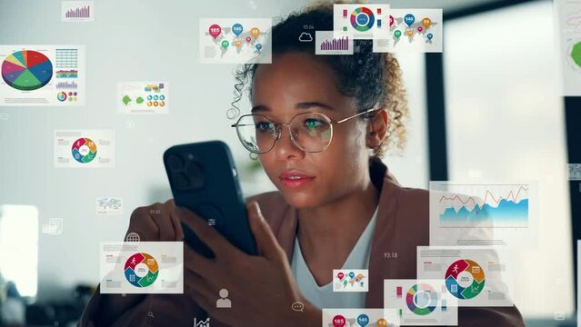 Young Black woman using a smart phone and digital documents concept. Paperless work. Digital transformation.