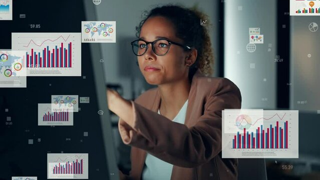 Young Black woman working in office and digital documents concept. Paperless work. Digital transformation.