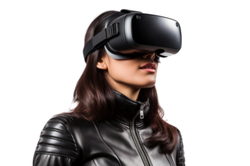 A young woman experiencing virtual reality using a VR Box on a transparent background