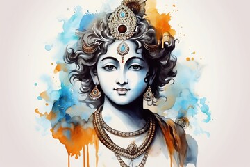 Indian god Krishna pictures on a white backdrop with an image of Lord Krishna. Generative AI - obrazy, fototapety, plakaty