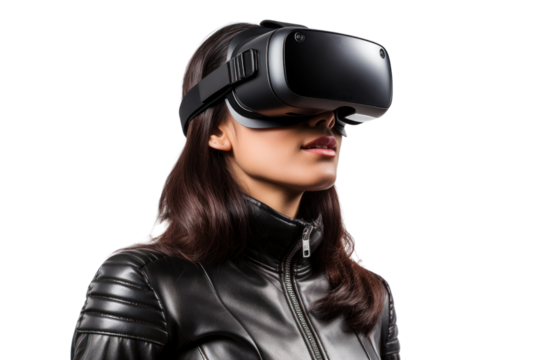 A young woman experiencing virtual reality using a VR Box on a transparent background