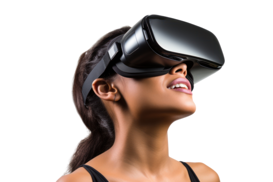 A young woman experiencing virtual reality using a VR Box on a transparent background