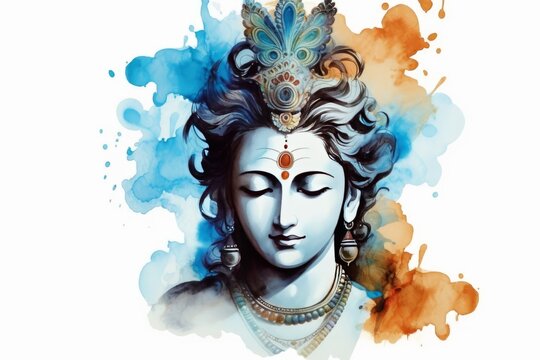 Indian god Krishna pictures on a white backdrop with an image of Lord Krishna. Generative AI