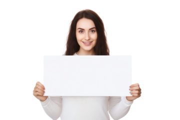 A Young woman holding a white blank screen to mockup for advertising in transparent background