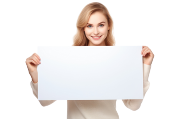 A Young woman holding a white blank screen to mockup for advertising in transparent background