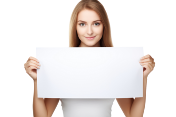 A Young woman holding a white blank screen to mockup for advertising in transparent background