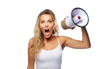 A young woman announcing in a mike in transparent background