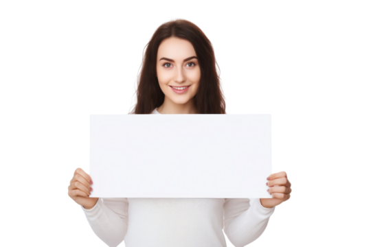 A Young woman holding a white blank screen to mockup for advertising in transparent background
