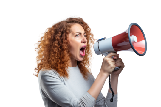 A young woman announcing in a mike in transparent background