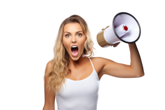 A young woman announcing in a mike in transparent background