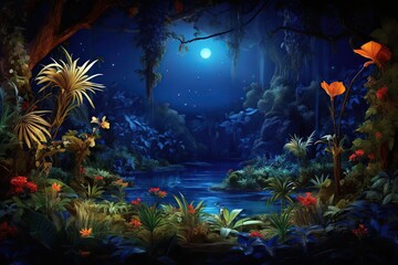 Fototapeta na wymiar Jungle forest at night. Ai art