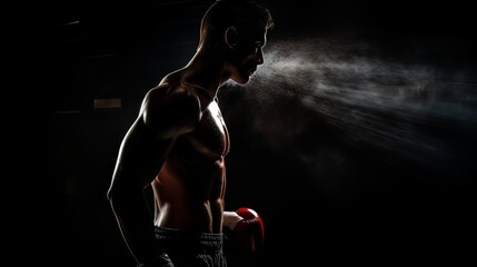 Dramatic portrait of Athletic man on dark background. Martial arts athlete, AI