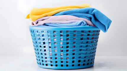 A blue laundry basket filled with folded colorful towels, isolated on white background. 
