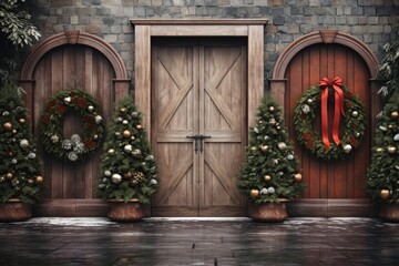 Wooden front doors adorned with Christmas decorations, featuring wreaths and small Christmas trees, radiate a warm and welcoming holiday spirit. Photorealistic illustration, Generative AI