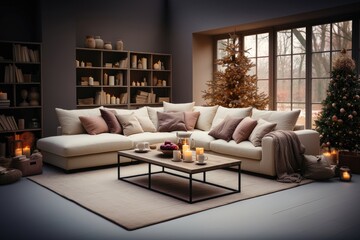 A modern living room adorned for Christmas, showcasing Christmas trees with decorations, merging contemporary style with holiday warmth. Photorealistic illustration, Generative AI