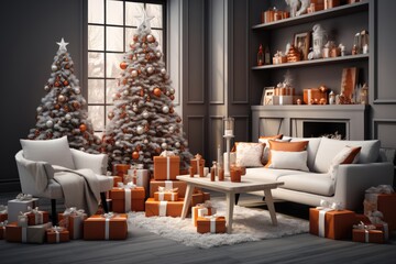 A vibrant Christmas background image showcasing an abundance of presents wrapped in orange hues, accompanied by festive Christmas trees. Photorealistic illustration, Generative AI