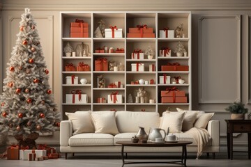 A Christmas background image featuring a contemporary living room with a Christmas tree and shelves adorned with a plethora of presents. Photorealistic illustration, Generative AI