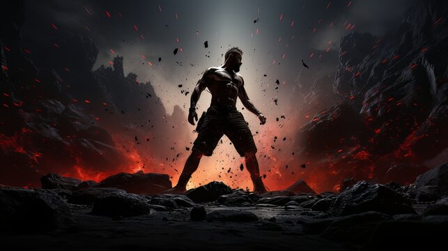 Athletic strong man on dark background. Martial arts athlete, AI