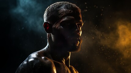 Dramatic portrait of Athletic man on dark background. Martial arts athlete, AI