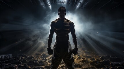 Fototapeta na wymiar Athletic strong man on dark background. Martial arts athlete, AI