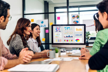 Business team relax using computer work, analyzing data management system make report with KPI,...