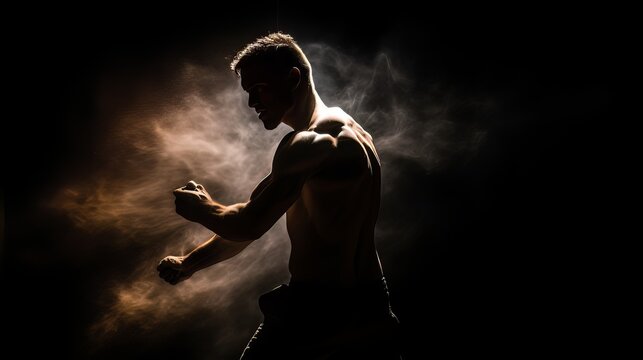 Athletic strong man on dark background. Martial arts athlete, AI