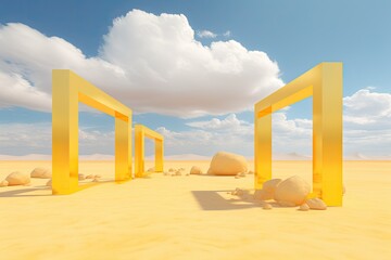 Surreal desert landscape with yellow square portals, white cloud cascades. Modern abstract backdrop.