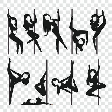 Black Silhouette of pole dance women cartoon styles isolated on transparent grid