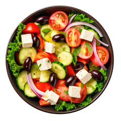 Salad with cheese and fresh vegetables isolated on white background. Greek salad. Top view