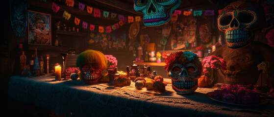 Obraz premium Day of the Dead a Colorful Celebration style of illustration of the most prominent symbols related to the Day of the Dead are skeletons and skulls Created with generative AI tools.