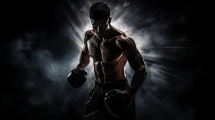 Fototapeta premium Athletic strong man on dark background. Martial arts athlete, AI