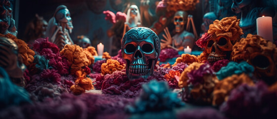 Day of the Dead a Colorful Celebration style of illustration of the most prominent symbols related to the Day of the Dead are skeletons and skulls Created with generative AI tools. - obrazy, fototapety, plakaty