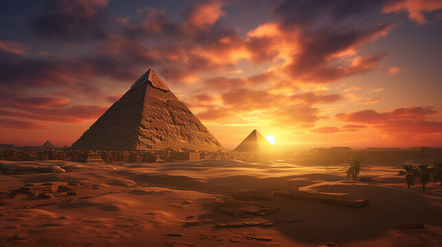 Egyptian pyramids on a sunset. The Great Pyramids Silhouette