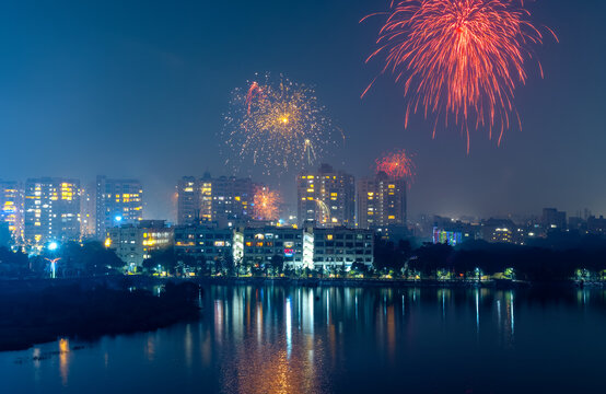 Hyderabad cityscape in India. illuminated with Diwali festival fireworks.