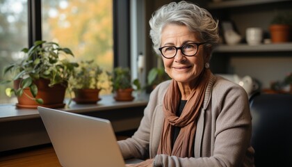 a senior woman using a laptop. - obrazy, fototapety, plakaty