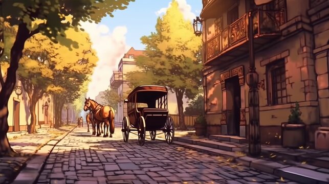 Horse-drawn carriage on a cobblestone street. Fantasy concept , Illustration painting.