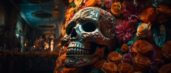 Day of the Dead a Colorful Celebration style of illustration of the most prominent symbols related to the Day of the Dead are skeletons and skulls Created with generative AI tools.