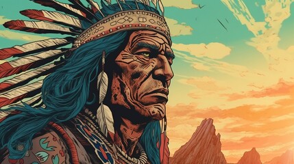 Naklejka premium Portrait of an indigenous tribal leader. Fantasy concept , Illustration painting.
