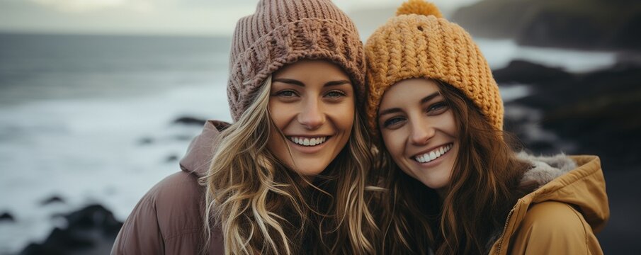 female companions cuddling by the sea.