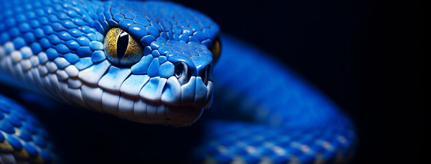  Close up image of blue viper on dark background