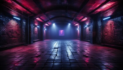Dark, gloomy fog, club mist, neon retro brick walls, and an empty hallway corridor room . - obrazy, fototapety, plakaty