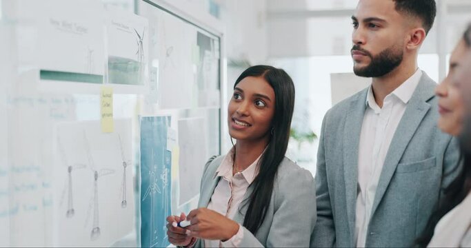 Business woman, coaching and presentation in team brainstorming, strategy or schedule planning at office. Female person or mentor talking to group in staff training, project plan or task at workplace