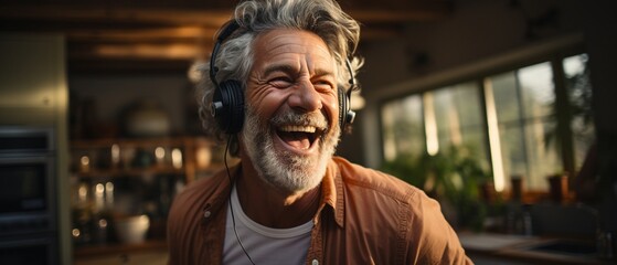 Fototapeta na wymiar Older man listening to music in the kitchen while wearing headphones.