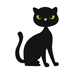 Black cat with green eyes on a white background. Vector illustration.